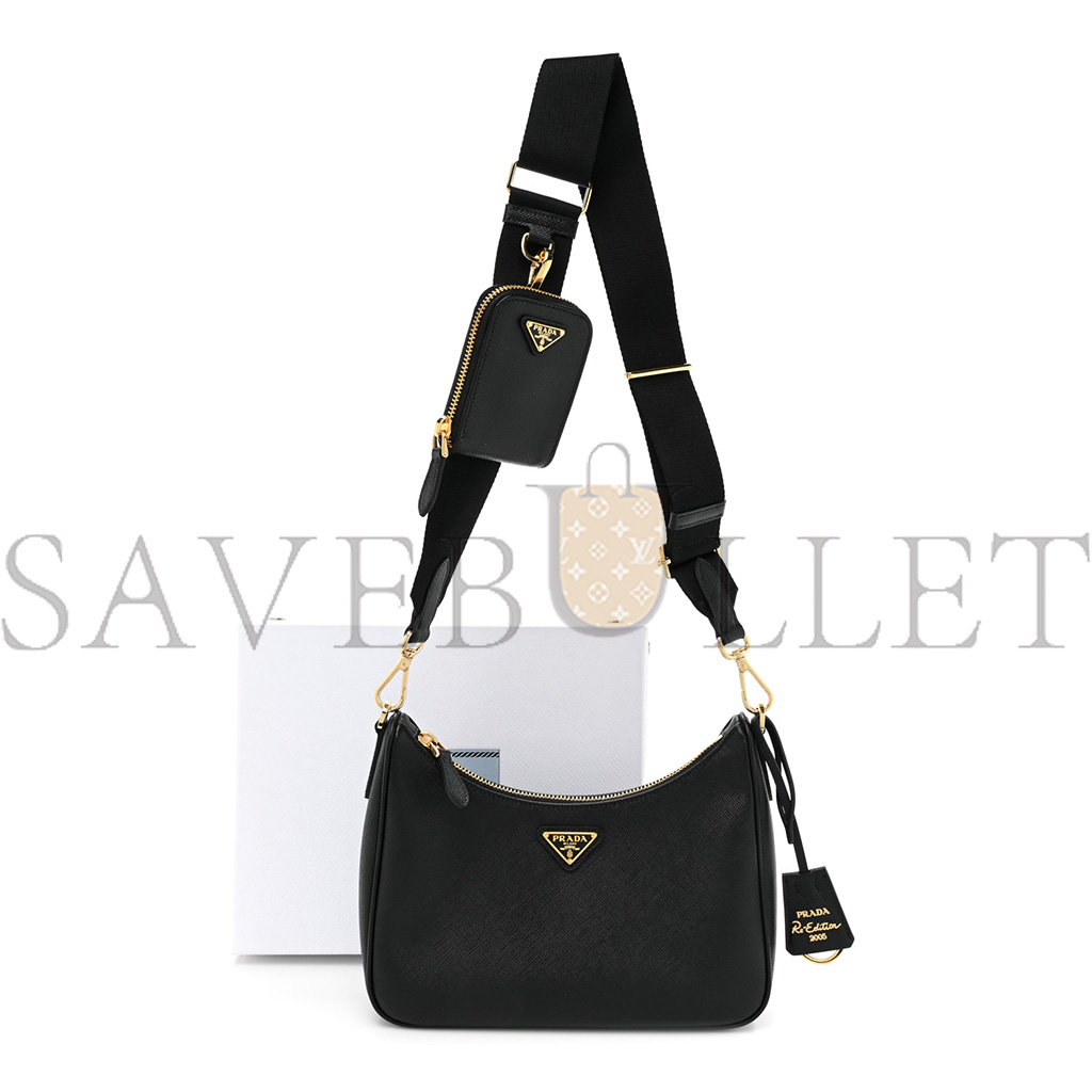 PRADA SAFFIANO LUX RE-EDITION 2005 SHOULDER BAG BLACK  (22*17*6cm)