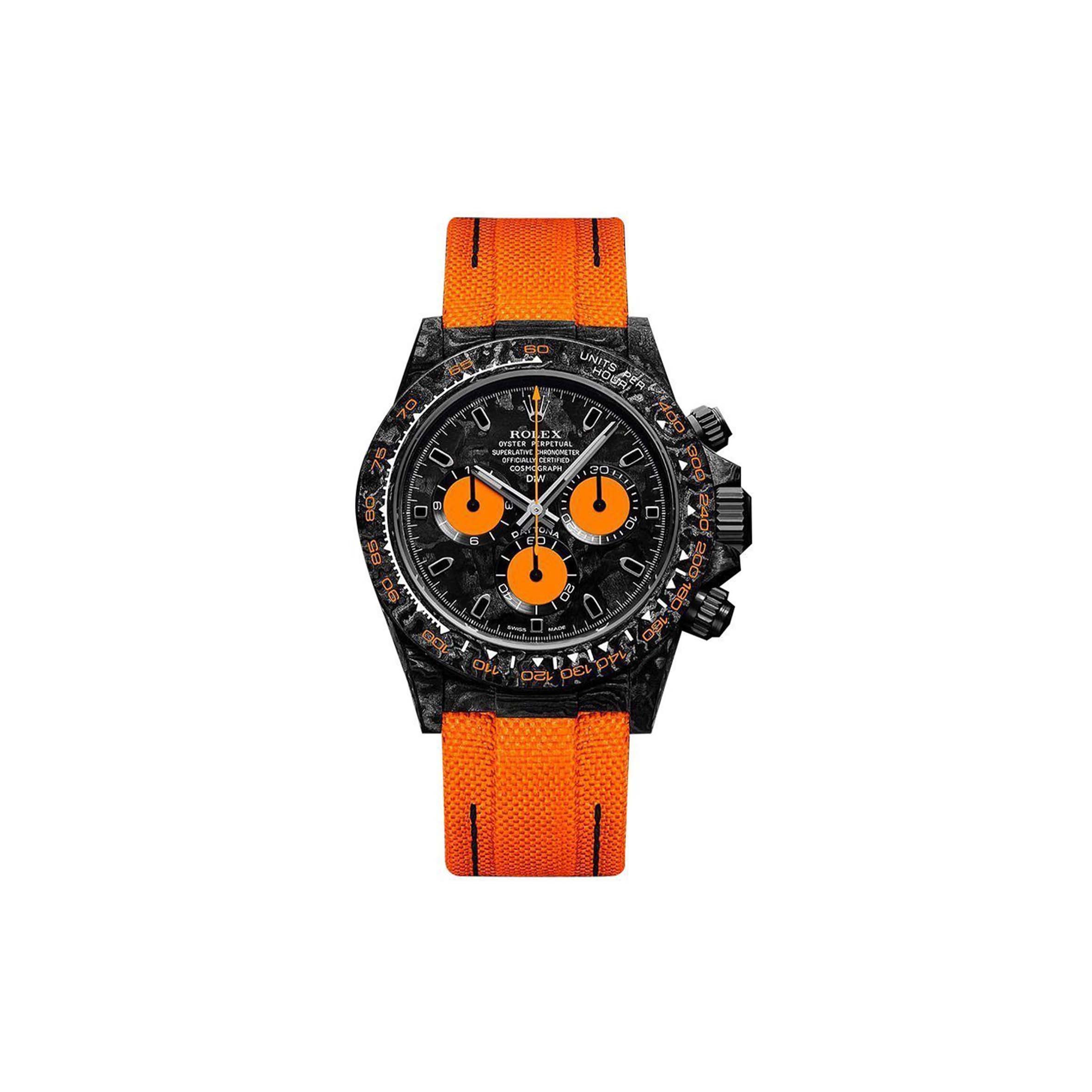 ROLEX DAYTONA DIW CARBON SWISSREPLICA DIAL ORANGE STRAP WATCH CM002-15C