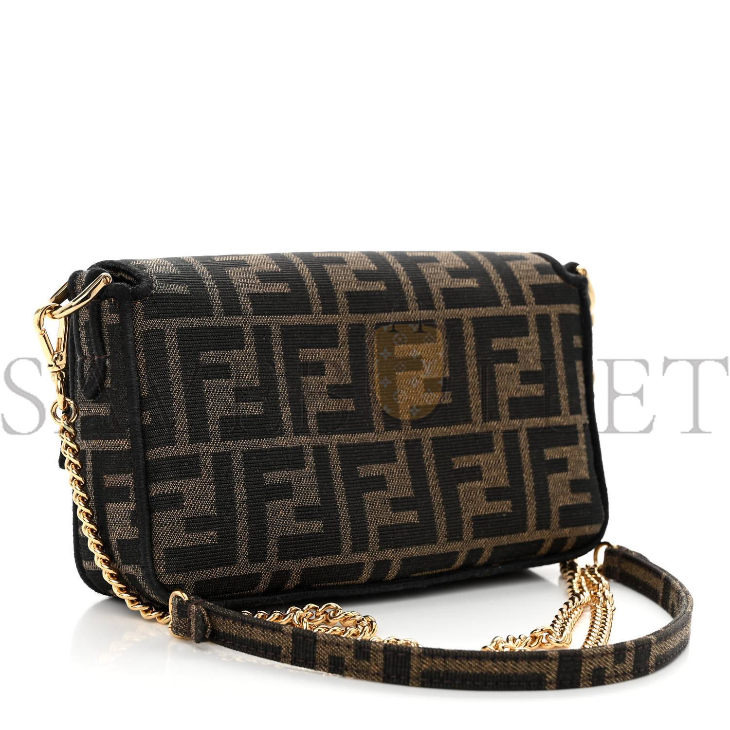 FENDI FABRIC JACQUARD FF 1974 MINI BAGUETTE TOBACCO MORO BLACK (19*11*5cm)