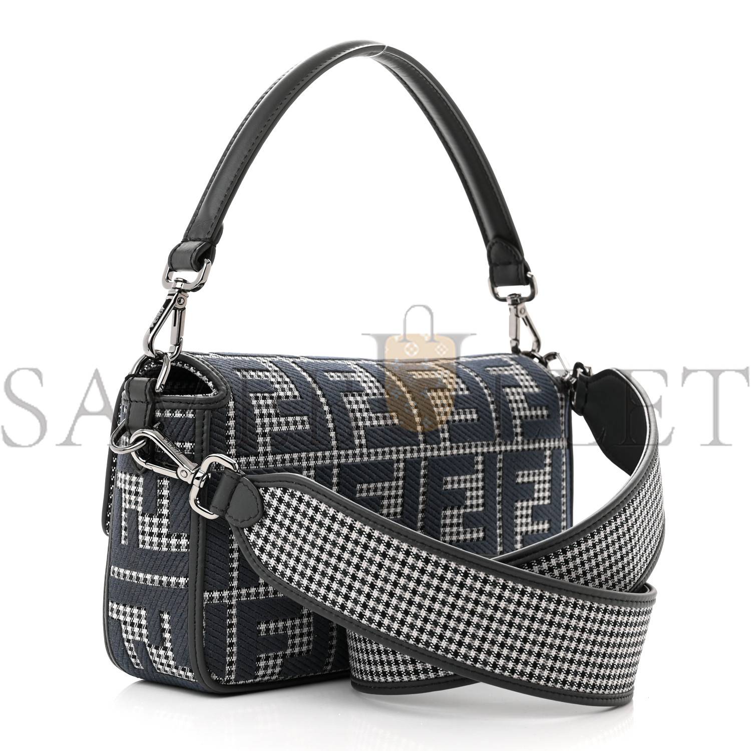 FENDI WOOL VITELLO KING HOUNDSTOOTH FF EMBROIDERED BAGUETTE GRIGIO ANTHRACITE (27*17*6cm)