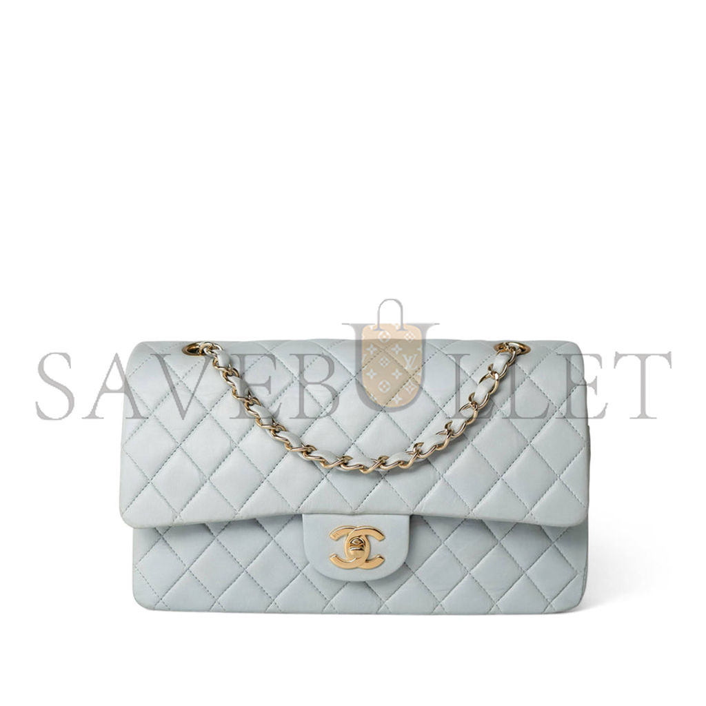 CHANEL VINTAGE LIGHT BLUE LAMBSKIN QUILTED CLASSIC FLAP MEDIUM GOLD HARDWARE (25.5*15*7cm)