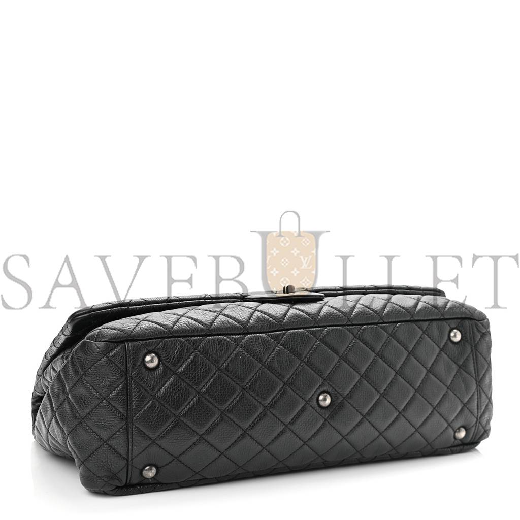 CHANEL CALFSKIN QUILTED XXL TRAVEL FLAP BAG BLACK SILVER HARDWARE (45*28*15cm)