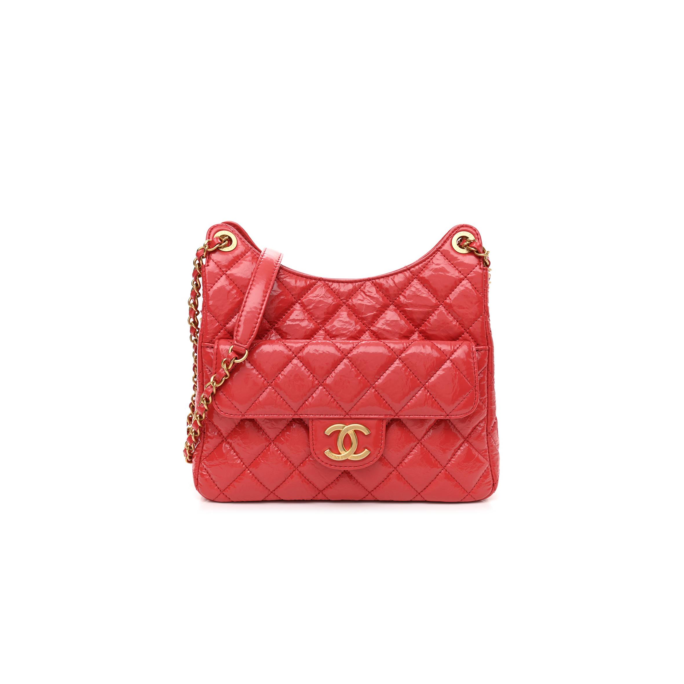 CHANEL SHINY CRUMPLED CALFSKIN QUILTED SMALL HOBO RED GOLD HARDWARE (22*17*7cm)