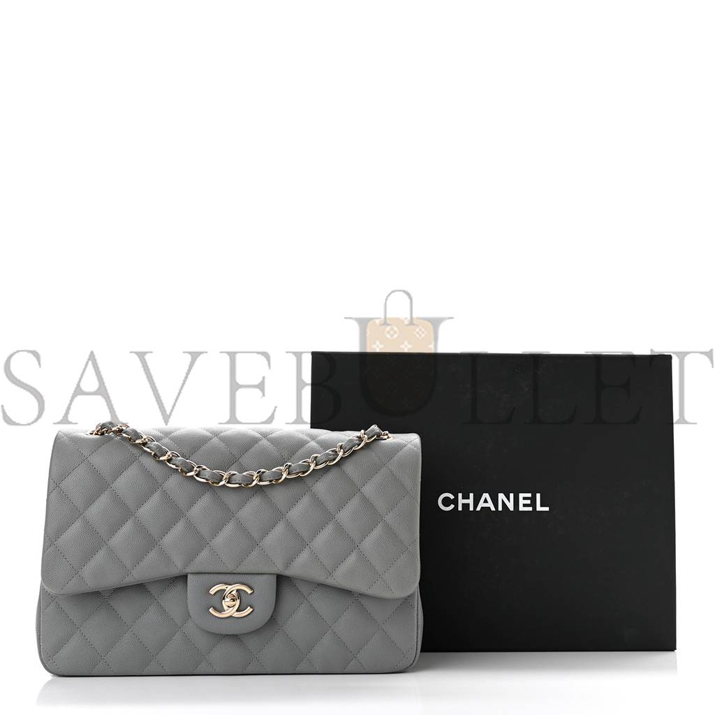 CHANEL CAVIAR QUILTED JUMBO DOUBLE FLAP GREY ROSE GOLD HARDWARE (30*19*8cm)