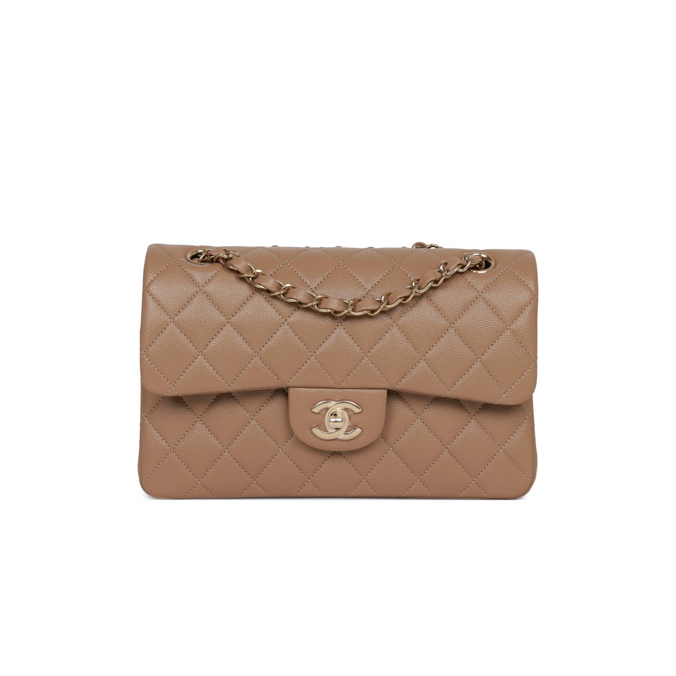 CHANEL SMALL CLASSIC DOUBLE FLAP DARK BEIGE CAVIAR LIGHT GOLD HARDWARE (23*13*6cm)