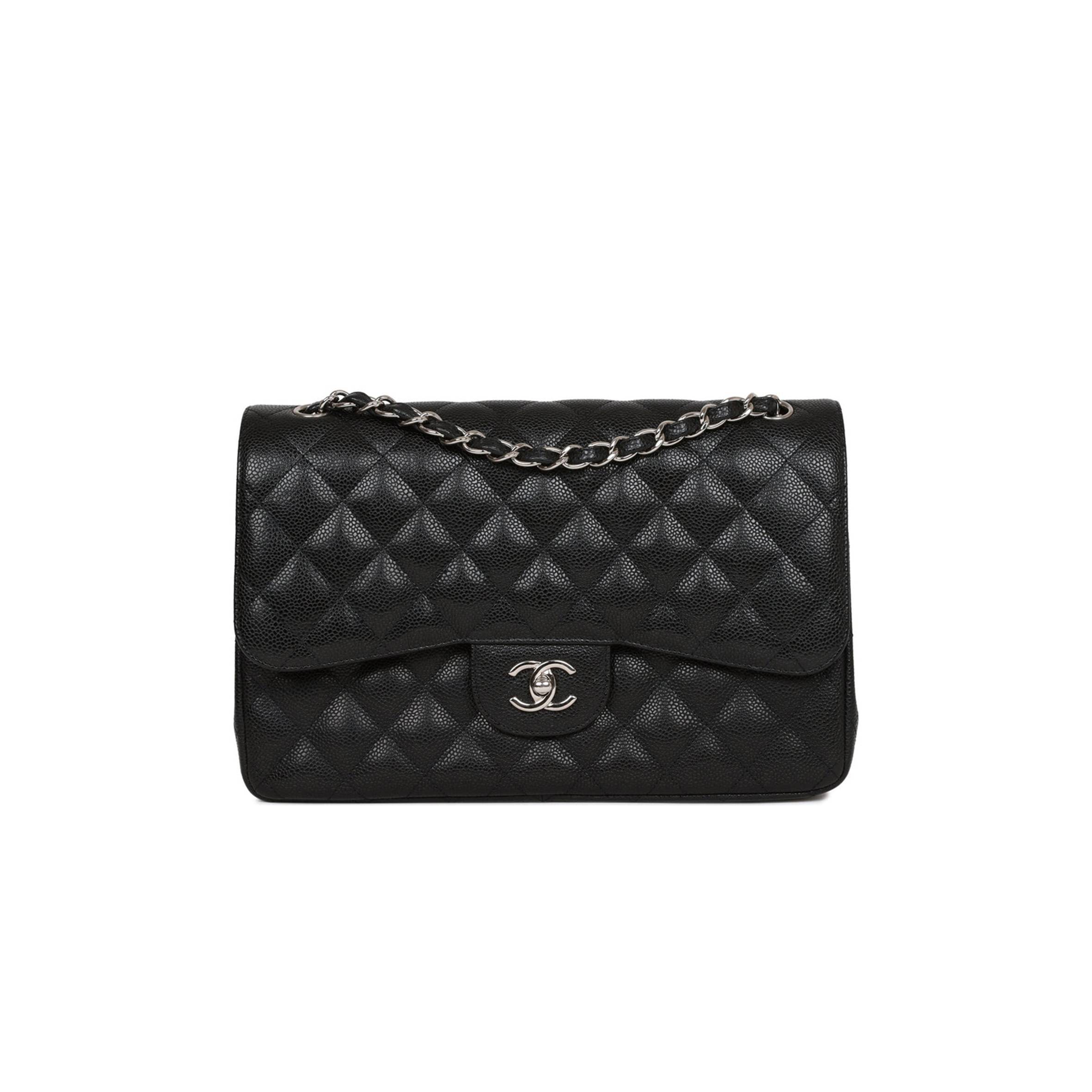 CHANEL JUMBO CLASSIC DOUBLE FLAP BAG BLACK CAVIAR SILVER HARDWARE (30*20*9cm)