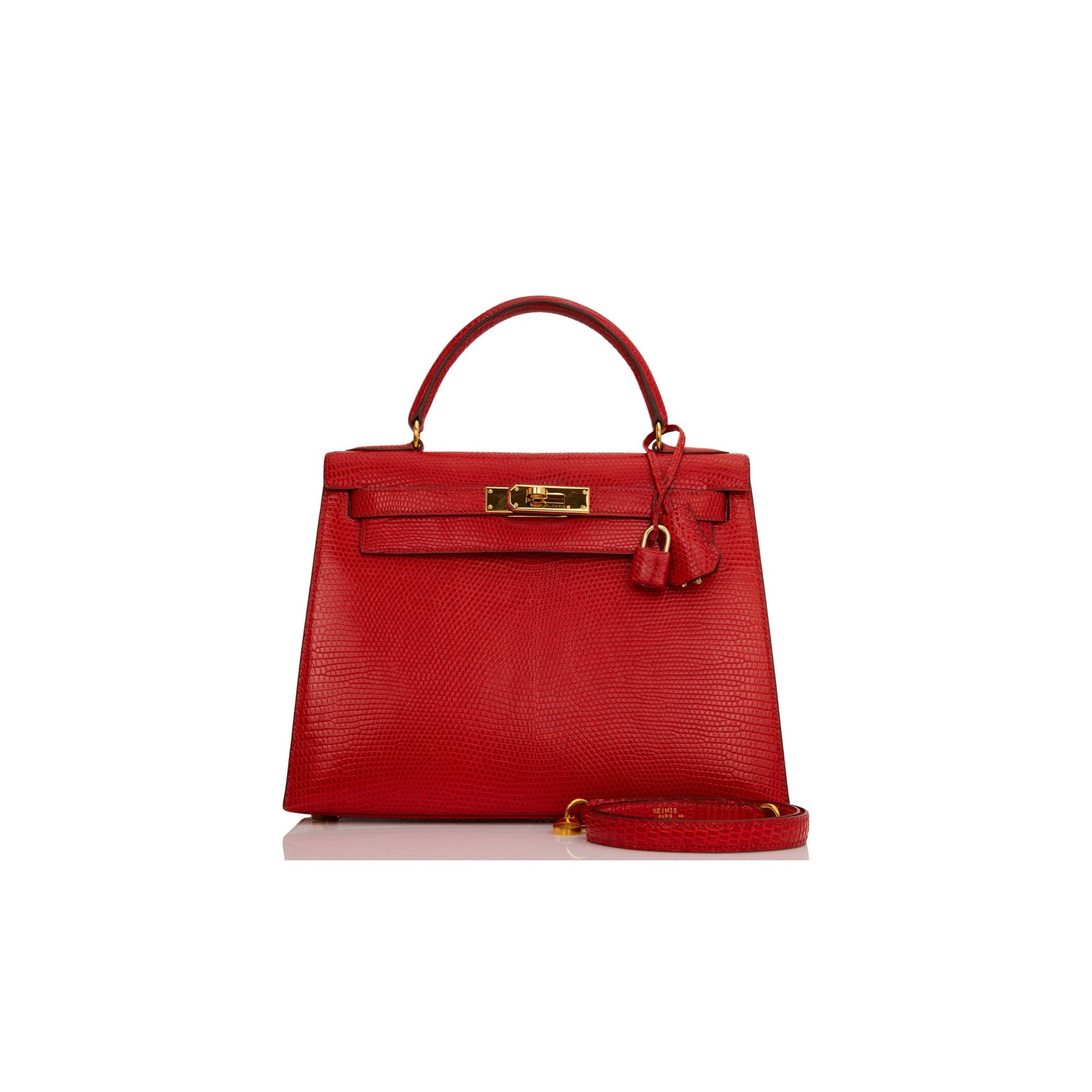 HERMES KELLY SELLIER 28 ROUGE VIF LIZARD NILOTICUS GOLD HARDWARE (28*22*10cm)