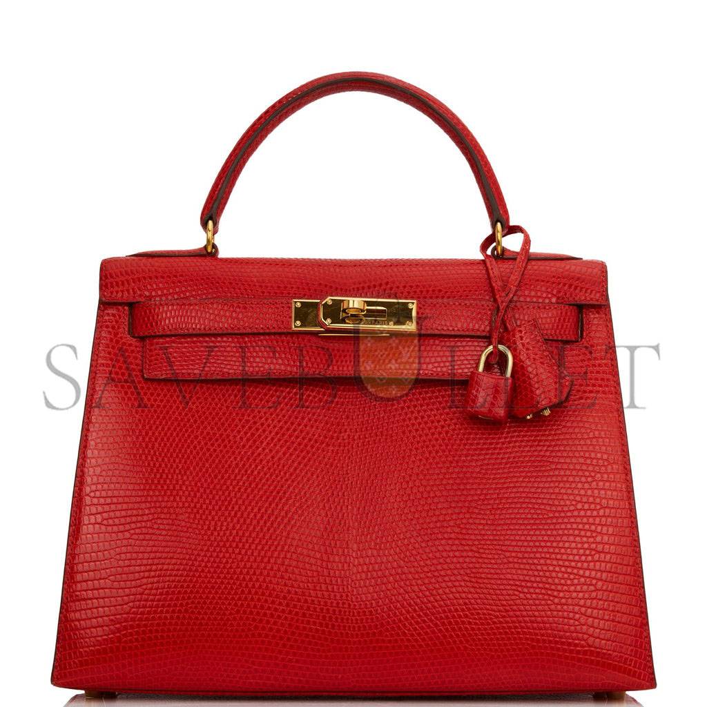 HERMES KELLY SELLIER 28 ROUGE VIF LIZARD NILOTICUS GOLD HARDWARE (28*22*10cm)