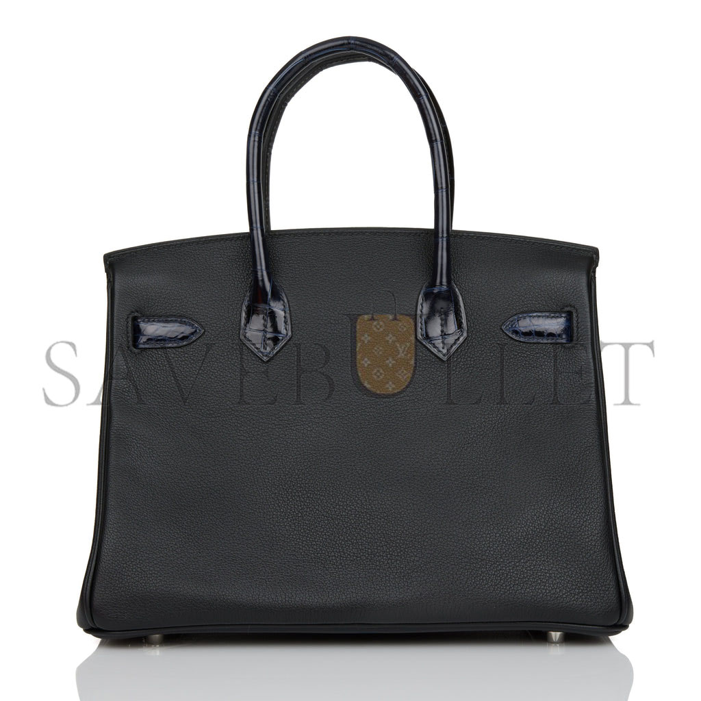 HERMES BIRKIN 25 BLEU MARINE SHINY NILOTICUS CROCODILE PATTERN AND BLACK NOVILLO TOUCH PALLADIUM HARDWARE (25cm)