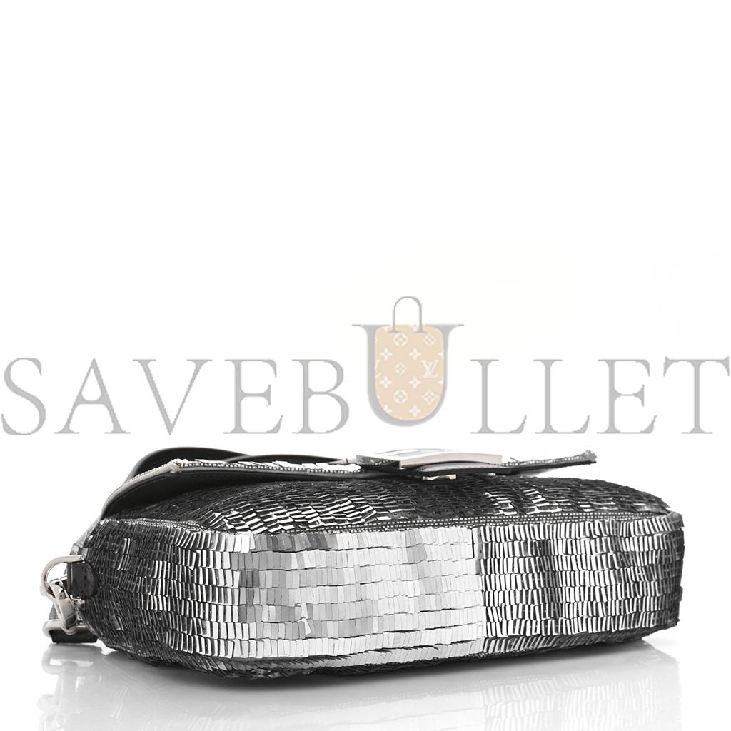 FENDI SEQUIN PAILLETTES CAPRETTO LUCIDO BAGUETTE ARGENTO MORO (27*15*6cm)