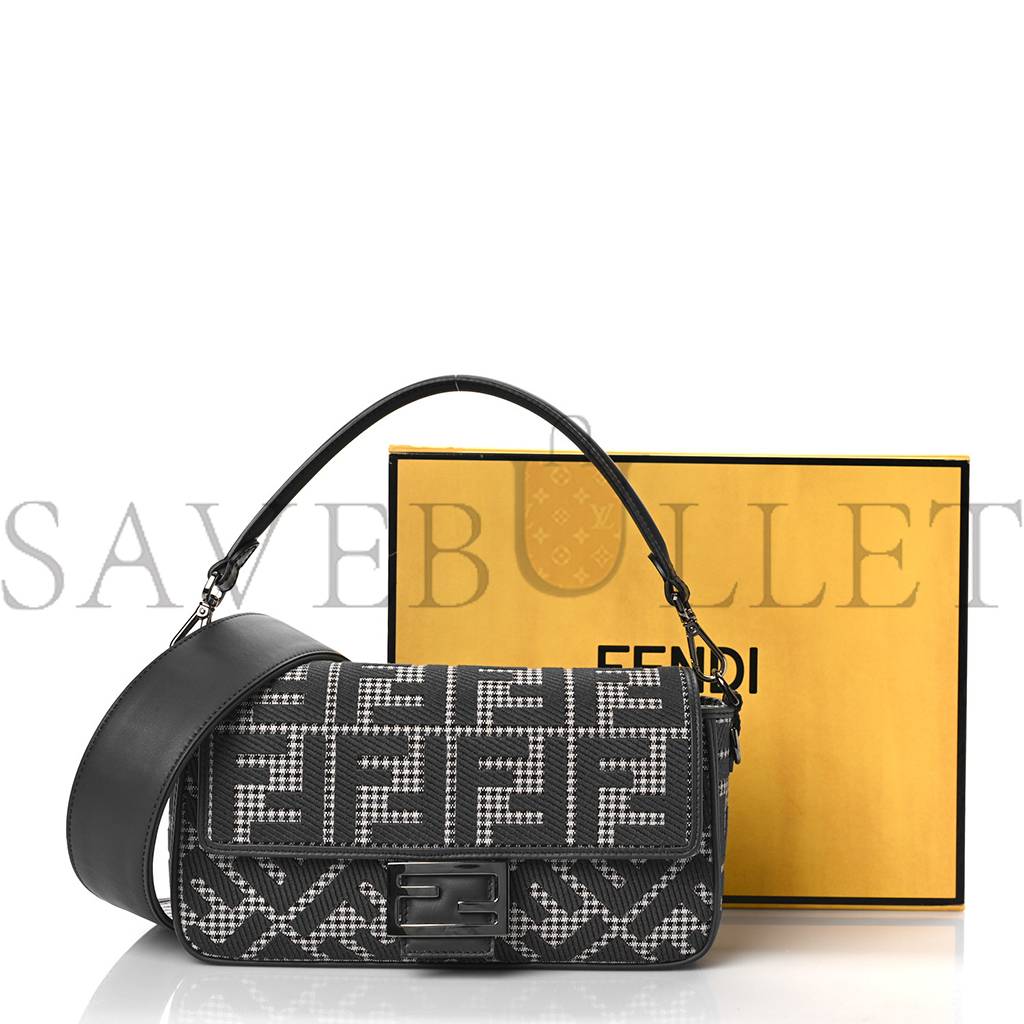 FENDI WOOL VITELLO KING HOUNDSTOOTH FF EMBROIDERED BAGUETTE GRIGIO ANTHRACITE (27*17*6cm)